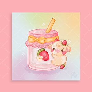 Confiture de fraises et de baies - jolie impression d'art illustrée de vache aux fraises - Mini, carré, A5, A6, impression carte postale - décoration cadre mural kawaii