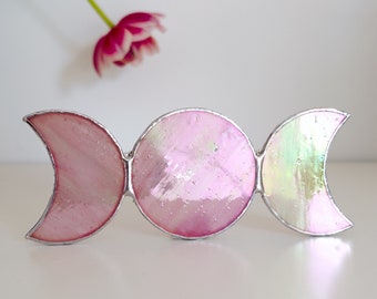Drievoudige maanplank of wanddecoratie – Gebrandschilderd glas maanfase in roze
