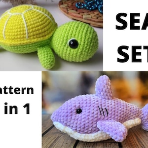 SET 2 in 1 crochet patterns shark and turtle sea animals patterns
