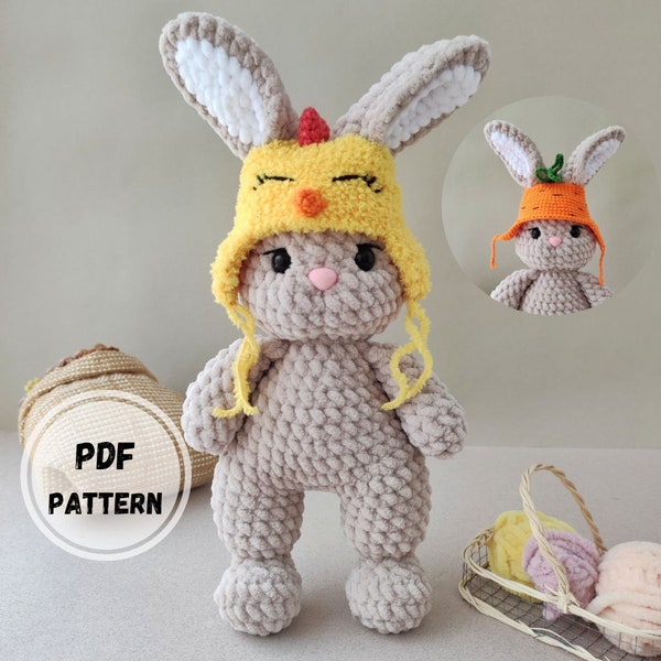 Easter Rabbit crochet pattern + two hats, Amigurumi bunny crochet pattern