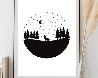 DIGITAL DOWNLOAD A4  wolf howling at the moon, moon and stars, monochrome, black and white, quirky, night sky, forest, wolves,