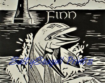 Finn of Carlingford Lough  Handmade linocut art print, original dolphin lino print, seascape, original sea life lino print