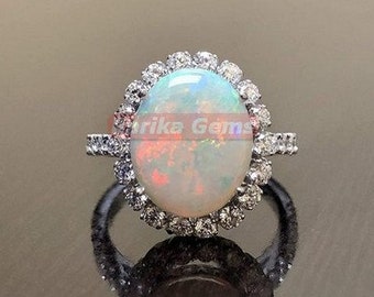 Luxury Fire Opal Engagement Ring, 925 Sterling Silver Ring, Opal Lab-Gemstoner Ring for Women Anniversary Christmas Gift For Her Jewelry