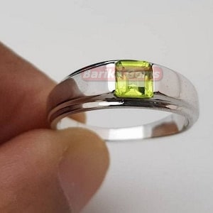 Green Peridot Silver Ring For Mens 925 Sterling Silver Ring Wedding Engagement Ring Green Peridot Square Lab-Gemstone Ring Personalized Gift