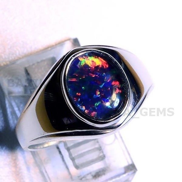 Natuurlijke zwarte opaalring voor heren 14k vergulde zilveren ring Handgemaakte edelsteenring oktober geboortesteen, gepersonaliseerd cadeau voor mannen sieraden
