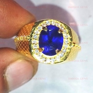 Blue Sapphire Ring, 14k Gold Plated Silver September Birthstone Ring, Sapphire Oval Lab-Gemstone Ring, Wedding Personalized Gift For Men