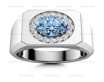 AFFY Simulated Aquamarine Men's Ring – 14K White Gold Plated Sterling Silver Birthstone Ring Size 13