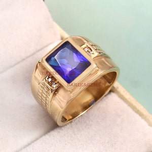 Blue Sapphire Men&#39;s Ring, 14k Gold Plated Silver Ring, Wedding Engagement Ring, Gentleman Band Ring, Anniversary Personalized Gift For Him