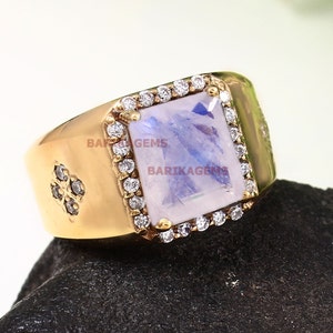 Rainbow Moonstoner Men&#39;s Ring, 14k Gold Plated Silver Ring, Wedding Engagement Ring, Birthday, Anniversary, Personalized Gift Ring for Men