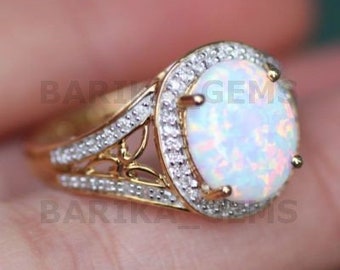 Luxury Fire Opal Engagement Ring, 925 Sterling Silver Ring, Opal Lab-Gemstoner Ring for Women Anniversary Christmas Gift For Her Jewelry