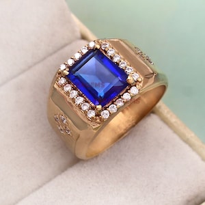Blue Sapphire Men&#39;s Ring, 14k Gold Plated Silver Ring, September Birthstone, Lab-Gemstone Ring, Wedding Promise Ring, Personalized Gift Ring