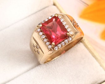 Red Ruby Men's Ring, Statement Ring, 14k Gold Plated Silver Ring, Wedding Band Ring, Ruby Imitation Gemstone Ring, Anniversary Gift For Men