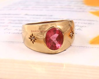 Natural Ruby Men's Ring, 14k Gold Plated Silver Ring, AAA Quality Ruby Gemstone Ring, Wedding Engagement Ring, Anniversary Gifts For Men