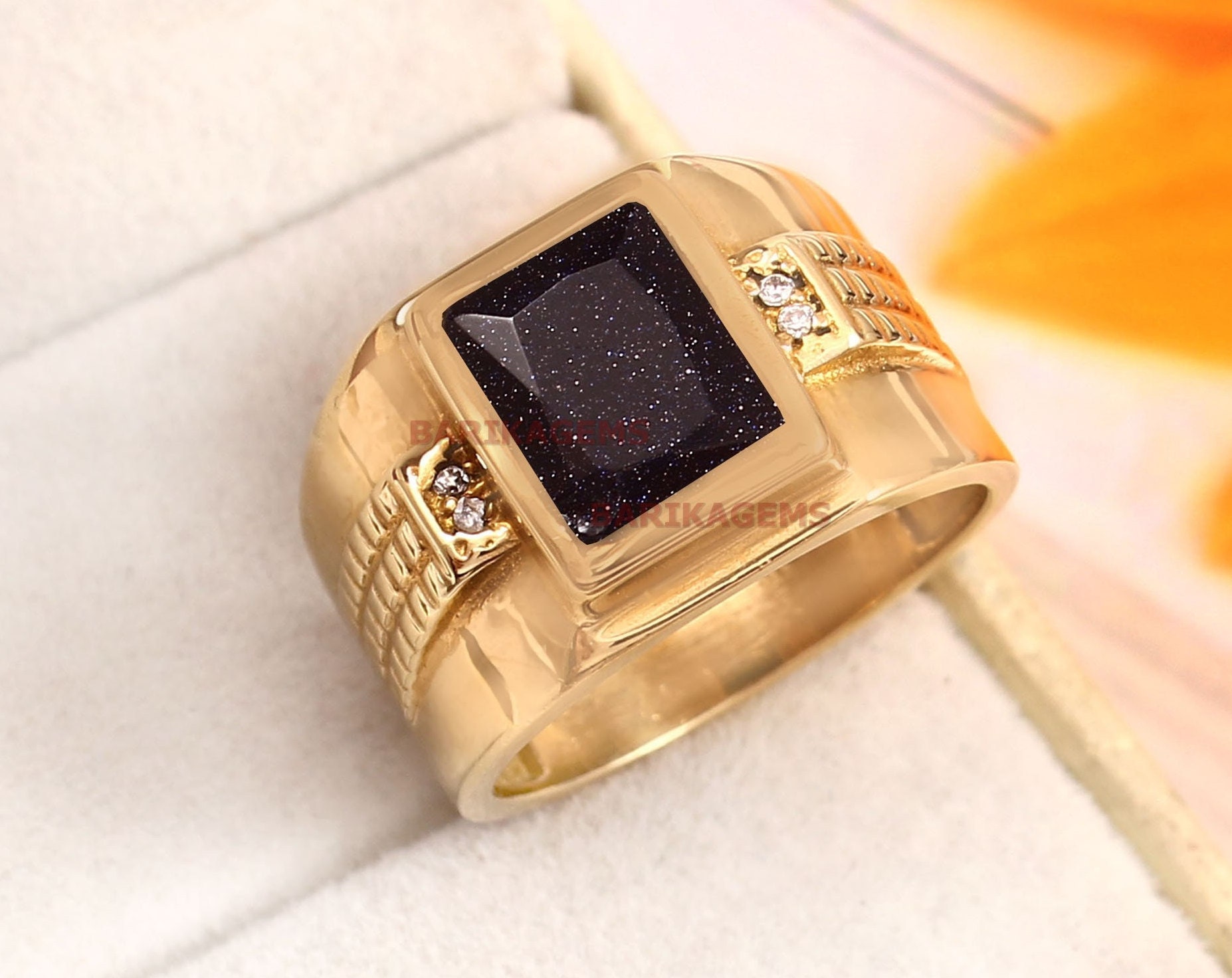 ブラックサンストーンメンズリング、14Kゴールドメッキシルバーリング