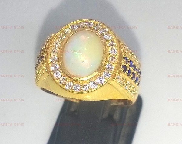 Anello Uomo Opale Etiope Fuoco Con Placcato Argento 925 - Gioiello Art Deco, Fatto A Mano India