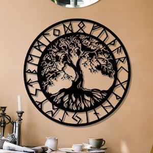 Viking Runes & Tree of Life Metal Wall Art: Large Nordic Vegvisir Decor, Rustic Celtic Home Hanging