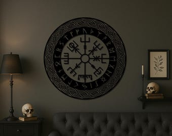 Skandinavische Vegvisir Metallwandkunst: Nordischer Kompass mit keltischen Knoten, Runen & Wikinger Mythologie