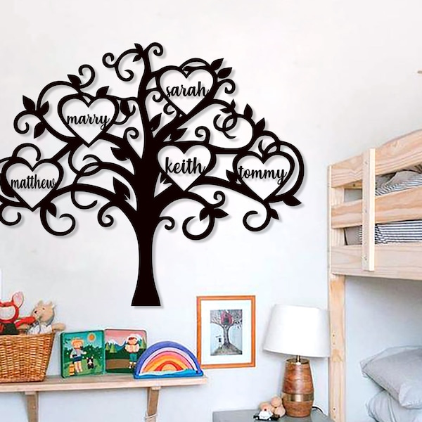 Family Tree Metal Wall Art, Customize family sign, Personalized Gift Family Tree, Best Gift for family, Family Name Sign, Child Names, black
