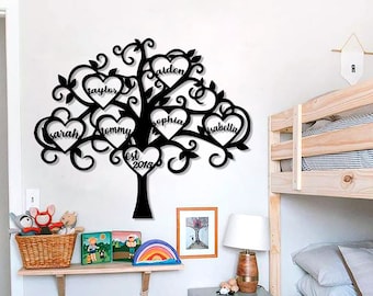 Familienbaum Metall Wandkunst, EST, Personalisiert Familienschild, personalisiertes Geschenk Familie Baum, Kühlschrankmagnet, Familienname Schild, Kindernamen, Geschenk