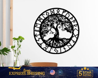 Viking Runes & Tree Of Life Metal Wall Art, Vegvisir Wall Decor, Metal Viking Wall Hanging,  Large Wall Art,  Nordic Art