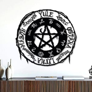 Wiccan Pentagram Metal Wall Art: Pagan Wheel of the Year Symbol, Gothic Witch Decor Hanging
