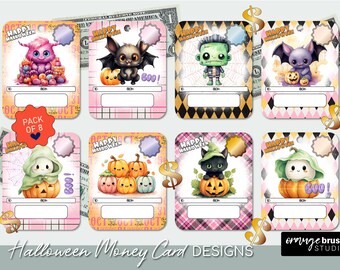 Paquete de tarjetas de Halloween con dinero, diseños PNG imprimibles. Portatarjetas con dinero, lindas tarjetas de Halloween para niños, para imprimir y cortar - Descarga instantánea