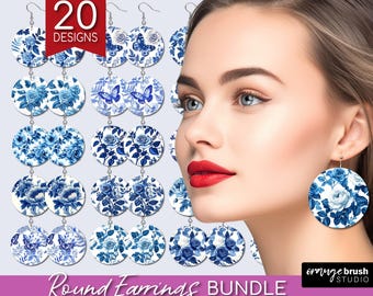 Blue Toile Earrings Sublimation Bundle, Vintage Chinoiserie Flowers, 20 Blue Floral Round Earrings Designs PNG for Crafts - Digital Download