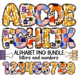Peut inclure: Un ensemble numérique de lettres de A à K et de chiffres de 1 à 9. Chaque caractère présente une bordure cousue et un motif multicolore incluant des formes orange, bleues, violettes et brunes. Le texte indique ALPHABET PNG BUNDLE letters and numbers.