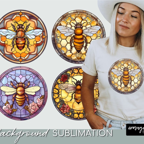 Honey Bee Stained Glass PNG, Round Stained Glass Background, Bee Clipart, Circle Sublimation Designs, Round Sublimation, Commercial Use