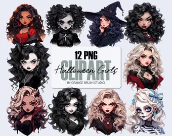 Halloween Chibi Girls Clipart Bundle - Fashion Doll Sublimation Bundle. Gothic PNG Clipart - Goth Girl PNG for Crafts - Digital Download