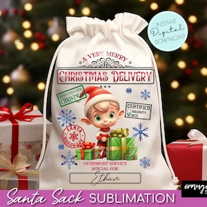 Design sublimation Santa Sack, sac cadeau de Noël avec un garçon mignon. Sac du Père Noël Fichier PNG. Sac de Noël 20 X 27 dimension - Téléchargement immédiat