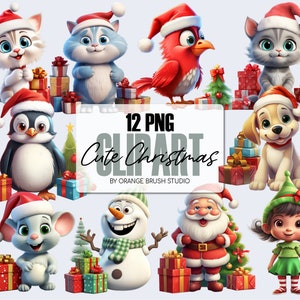 Süße Weihnachtstiere Clipart Bundle. Niedliches PNG Bundle, Babytiere in Nikolausmützen. 15 cm Größe - Digital Download