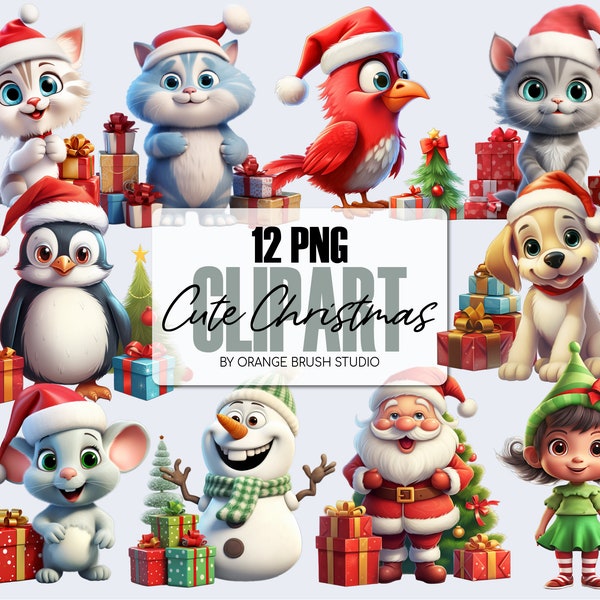 Cute Christmas Animals Clipart Bundle & Sublimation Designs. Cute Christmas PNG Bundle,  Animals in Santa Hats. 6 In Size - Digital Download