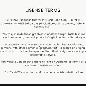 May include: A text document outlining the terms of use for digital graphics. The document states that the graphics can be used for personal and small business commercial use, including selling on physical products and creating printable or digital copies. The document also outlines the terms for using the graphics on print-on-demand platforms.