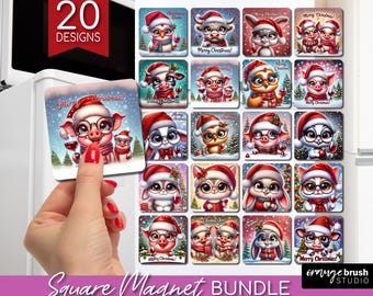 Christmas Animals Magnet Sublimation Bundle. Wine Lover Funny Christmas Magnet PNG Bundle, 20 Cute Designs for Crafts - Digital Download