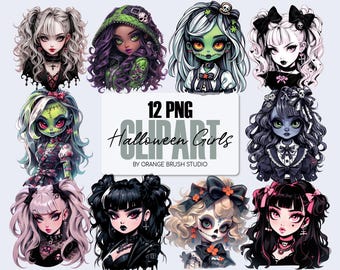 Halloween Chibi Dolls PNG Clipart Bundle, Gothic Sublimation Designs. Cute Goth Girl, Horror PNG for Crafts - Digital Download