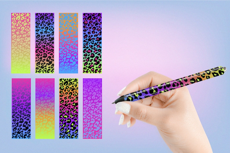 May include: A set of eight colorful leopard print designs with a gradient effect. The designs are in a variety of colors, including pink, purple, blue, green, and yellow. The designs are perfect for creating unique and stylish crafts.