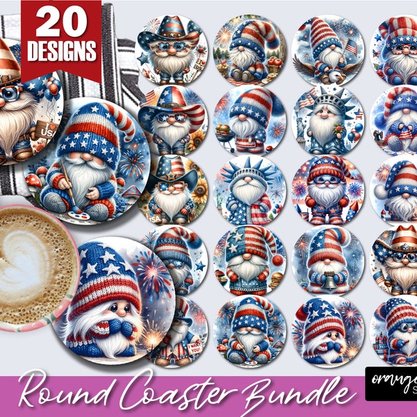 4th of July Gnome Round Coaster Sublimation Bundle, USA Patriotic Coaster Bundle, Car Coaster for Independence Day - Digital Download
