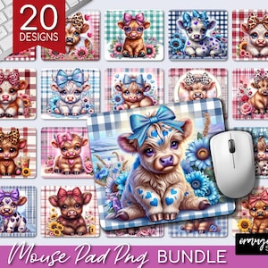 Pacchetto di tappetini per mouse con mucca delle Highlands, design per tappetini per mouse di San Valentino per lavoretti creativi, pacchetto di tappetini per mouse con mucca in formato PNG, download digitale