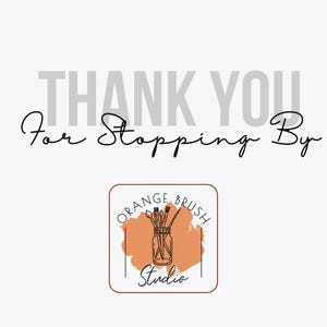Op de afbeelding: Bedankt voor je bezoek. Orange Brush Studio logo met een pot met kwasten op een perzikkleurige achtergrond.
