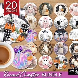 Ghost Halloween Coaster PNG Bundle, Cute Spooky Ghost Round Coaster Sublimation, Trendy Fall Vintage Checkered Iridescent - Digital Download