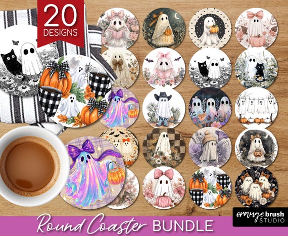 Ghost Halloween Coaster PNG Bundle, Cute Spooky Ghost Round Coaster Sublimation, Trendy Fall Vintage Checkered Iridescent - Digital Download
