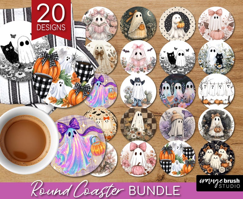 Ghost Halloween Coaster PNG Bundle, Cute Spooky Ghost Round Coaster Sublimation, Trendy Fall Vintage Checkered Iridescent - Digital Download