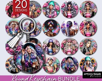Floral Girl Keychain Sublimation Bundle. Leopard Print Keyring, 20 Round Coffee Lover Keychain Designs - Digital Download