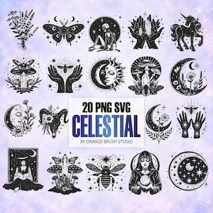 Puede incluir: Una colección de 20 ilustraciones digitales en blanco y negro con motivos celestiales, botánicos y místicos que incluyen lunas, estrellas, manos, insectos, unicornios, setas, cristales y figuras, con el texto 20 PNG SVG CELESTIAL BY ORANGE BRUSH STUDIO.
