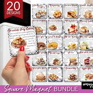 May include: A set of 20 square magnets featuring various baking recipes. Each magnet has a white background with a red tartan border and a colourful illustration of the baked good. The recipes include blueberry muffins, biscuits, banana bread, baked Alaska, cinnamon rolls, chocolate chip cookies, cheesecake, carrot cake, pecan pie, mac and cheese, lemon bars, key lime pie, tiramisu, s'mores, red velvet cake, pumpkin pie, cobbler, brownies, and apple pie.