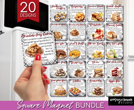 Baking Recipe Magnet Sublimation Bundle. Food Recipe Designs, Fridge Square Magnet PNG Bundle for Kitchen Crafts - Digital Download