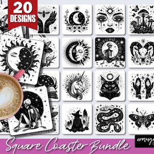 May include: A set of 20 square coasters featuring black and white illustrations of various mystical and celestial designs. The designs include a unicorn, a cat, a skull, a moth, a snake, a skeleton, a sun and moon, and more. The coasters are perfect for adding a touch of whimsy to your home decor.