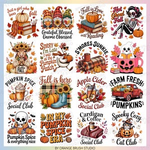 May include: A collection of fall-themed digital art prints featuring pumpkins, gnomes, and seasonal phrases like "Pumpkin Spice" and "Fall in Love." The designs incorporate warm colors and autumn motifs.
