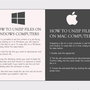 May include: A side-by-side comparison of how to unzip files on Windows and Mac computers. The Windows logo is on the left and the Apple logo is on the right. The text describes the steps to unzip files on each operating system.